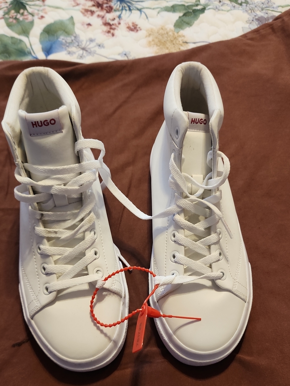 HUGO White High-Top Lace-Up Sneakers with Red Logo Tag